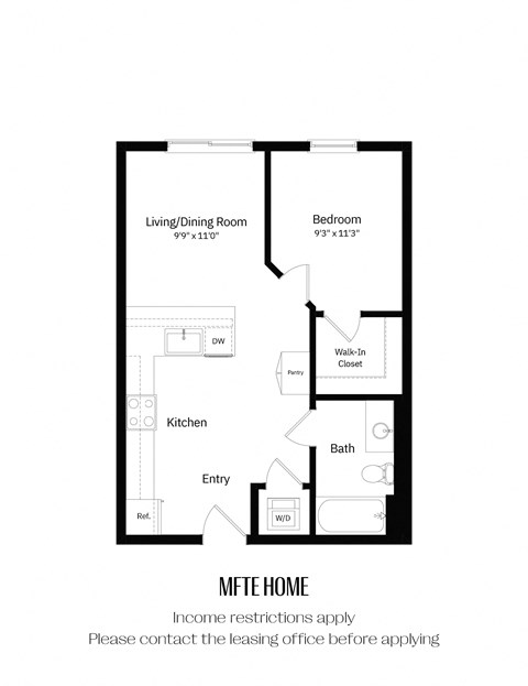 Floor plan for 1 bed, 1 bath, 578 sqft